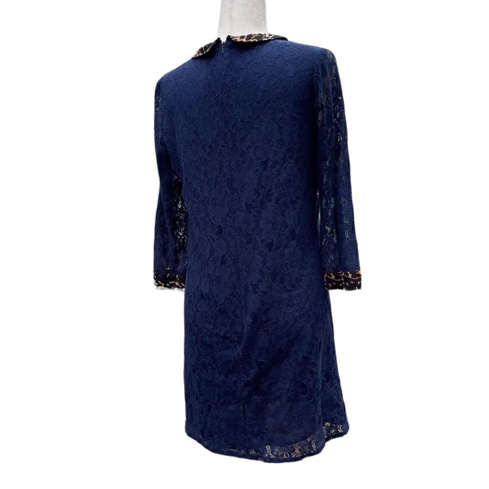 Whistles Navy Blue Lace Mini Dress Animal Print Leopard Silk Collar Cuff Trim - Picture 5 of 8